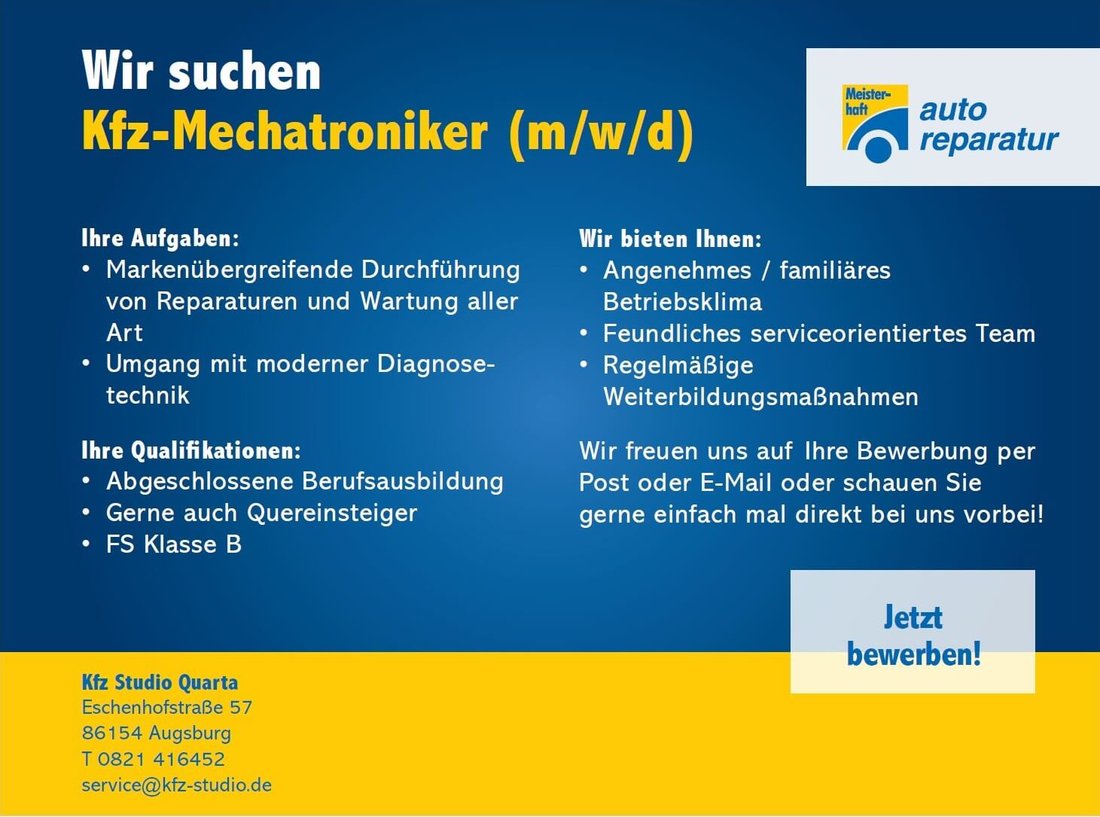 Kfz-Quarta sucht Kef-Mechatroniker Bild: Stellenanzeige von Kfz-Quarta